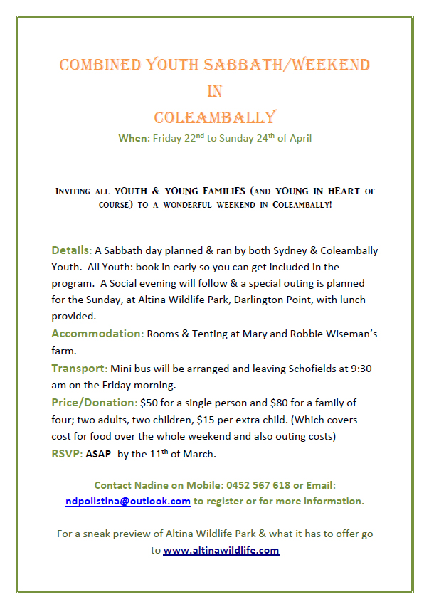 Combined Youth Sabbath Weekend April